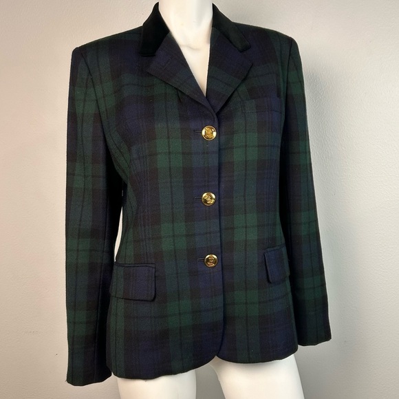 Lauren Ralph Lauren plaid tartan blazer w/ velvet collar gold buttons Size 6 EUC - Picture 1 of 16